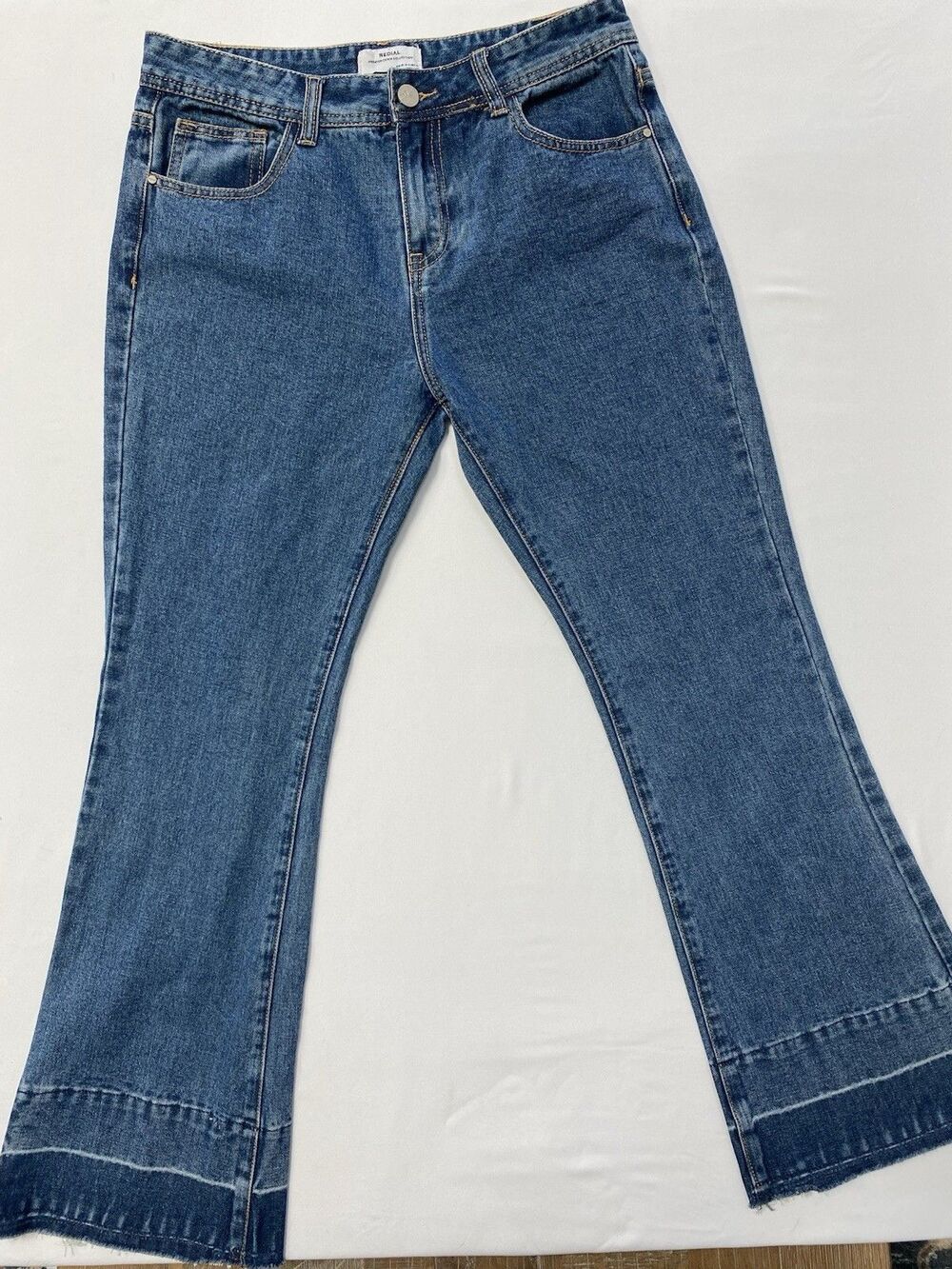 Redial Premium Denim High Rise Flare Jeans Released Raw Hem Medium Wash 40/10
